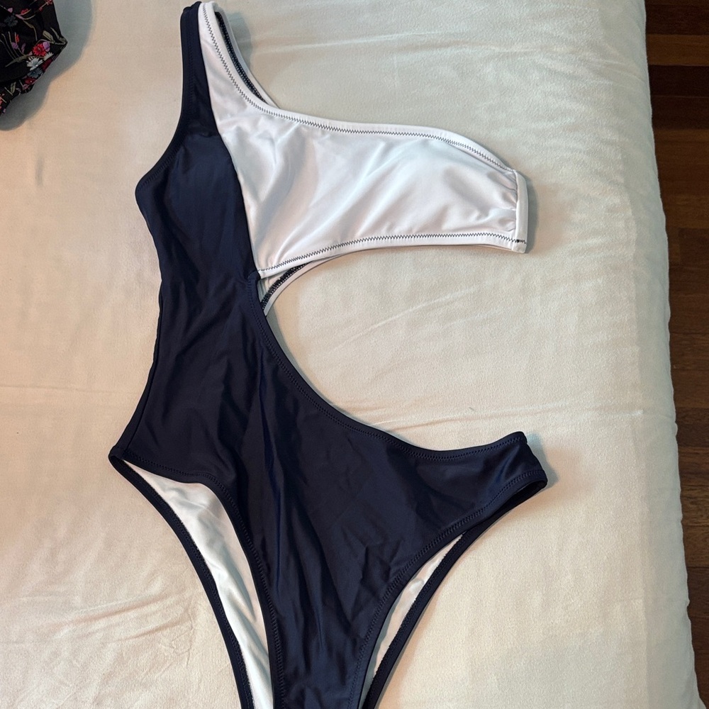 Two-Tone Navy and White One-Piece Swimsuit